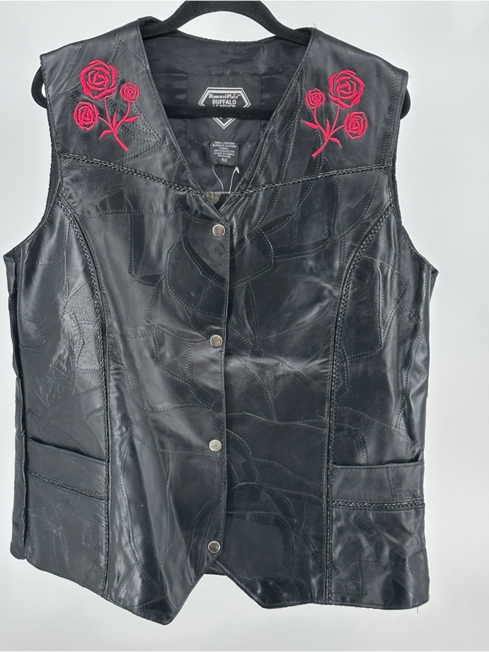 Women’s 4X Buffalo Black Leather Vest with Red Rose Embroidery NWT Diamond Plate